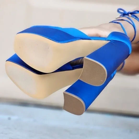 Womens Satin Platform Chunky Lace Up Heels Blue Color - Picture 5 of 5